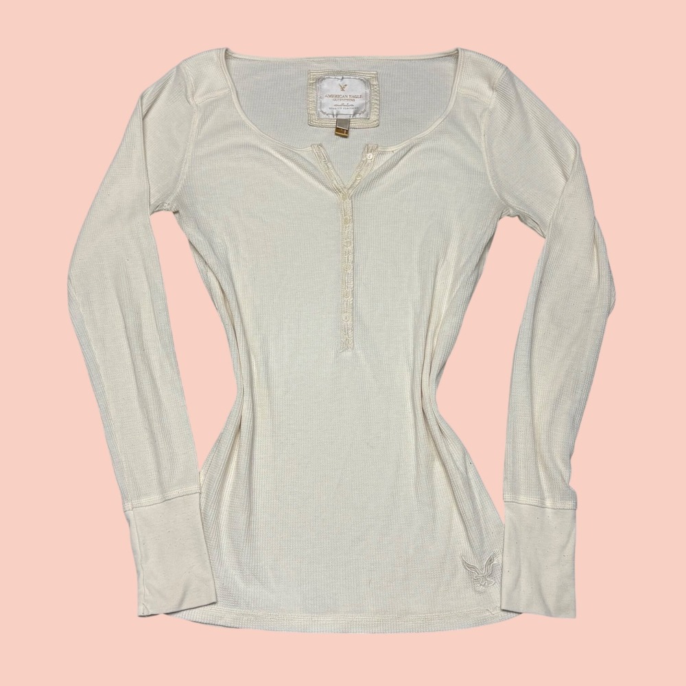 American Eagle Outfitters Cream Waffle Knit Henley Long Sleeve Thermal Top S